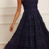 Dot Shimmer Tiered Strapless Ankle Gown