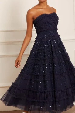 Dot Shimmer Tiered Strapless Ankle Gown
