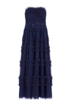 Dot Shimmer Tiered Strapless Ankle Gown