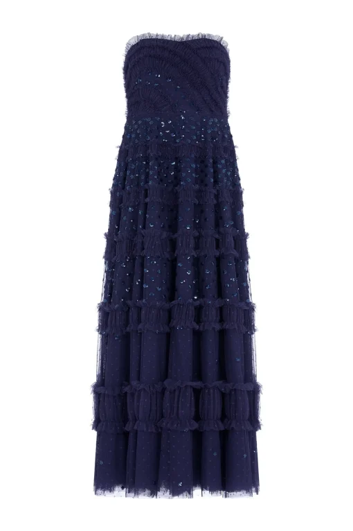 Dot Shimmer Tiered Strapless Ankle Gown