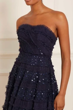 Dot Shimmer Tiered Strapless Ankle Gown