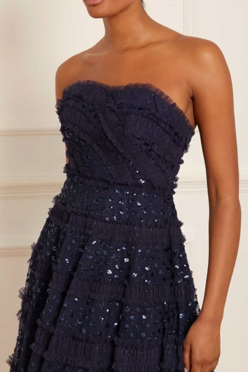 Dot Shimmer Tiered Strapless Ankle Gown
