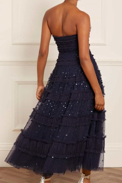 Dot Shimmer Tiered Strapless Ankle Gown