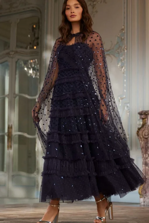 Dot Shimmer Tiered Strapless Ankle Gown