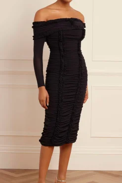 Ebony Rouched Off-Shoulder Ballerina Dress