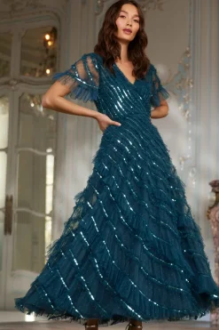 Spiral Sequin V-Neck Ankle Gown