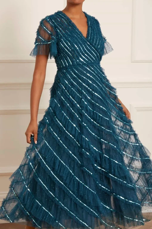 Spiral Sequin V-Neck Ankle Gown