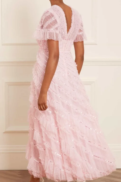Spiral Sequin V-Neck Ankle Gown