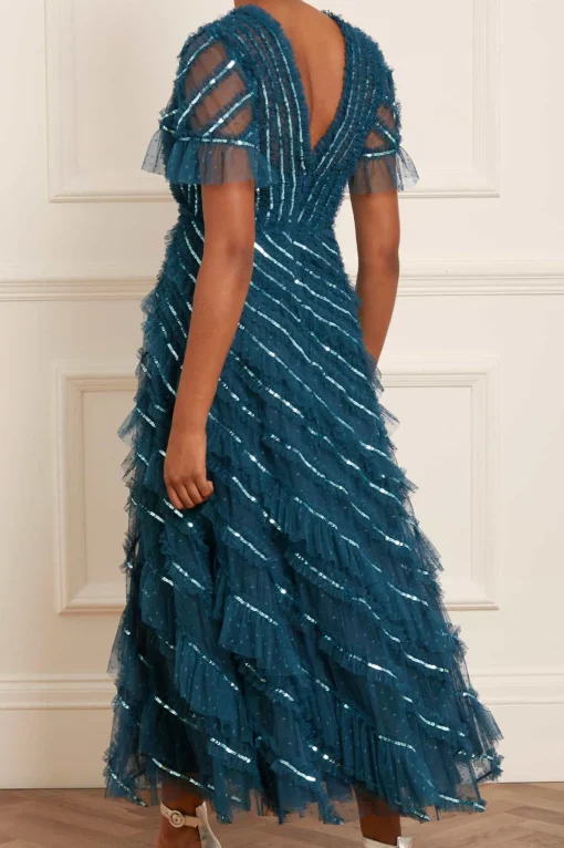 Spiral Sequin V-Neck Ankle Gown